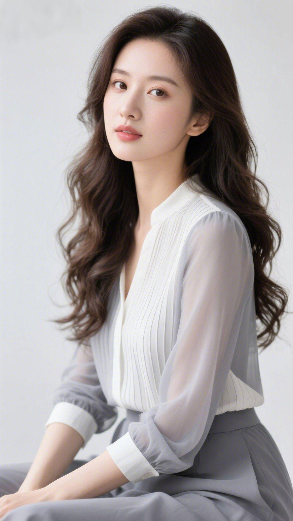 《纱衫含静，柔里生温》
 
淡光漫过素墙时，她轻坐于旁，烟灰纱袖垂落臂间，像裹了