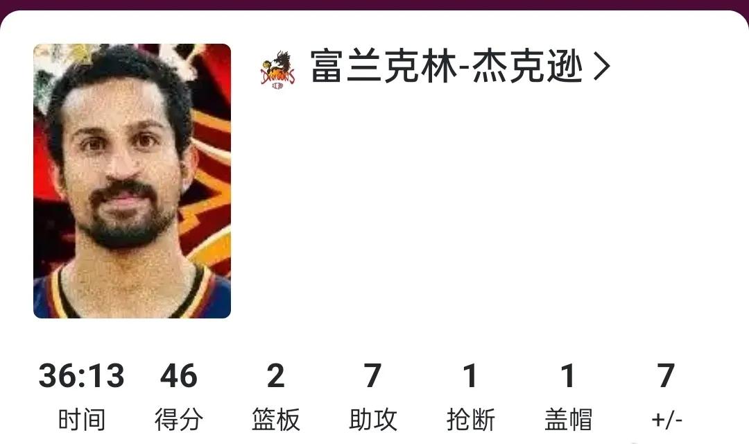 江苏外援富兰克林杰克逊独自砍下46分，带领江苏队战胜四川男篮，就是这样一位超能力