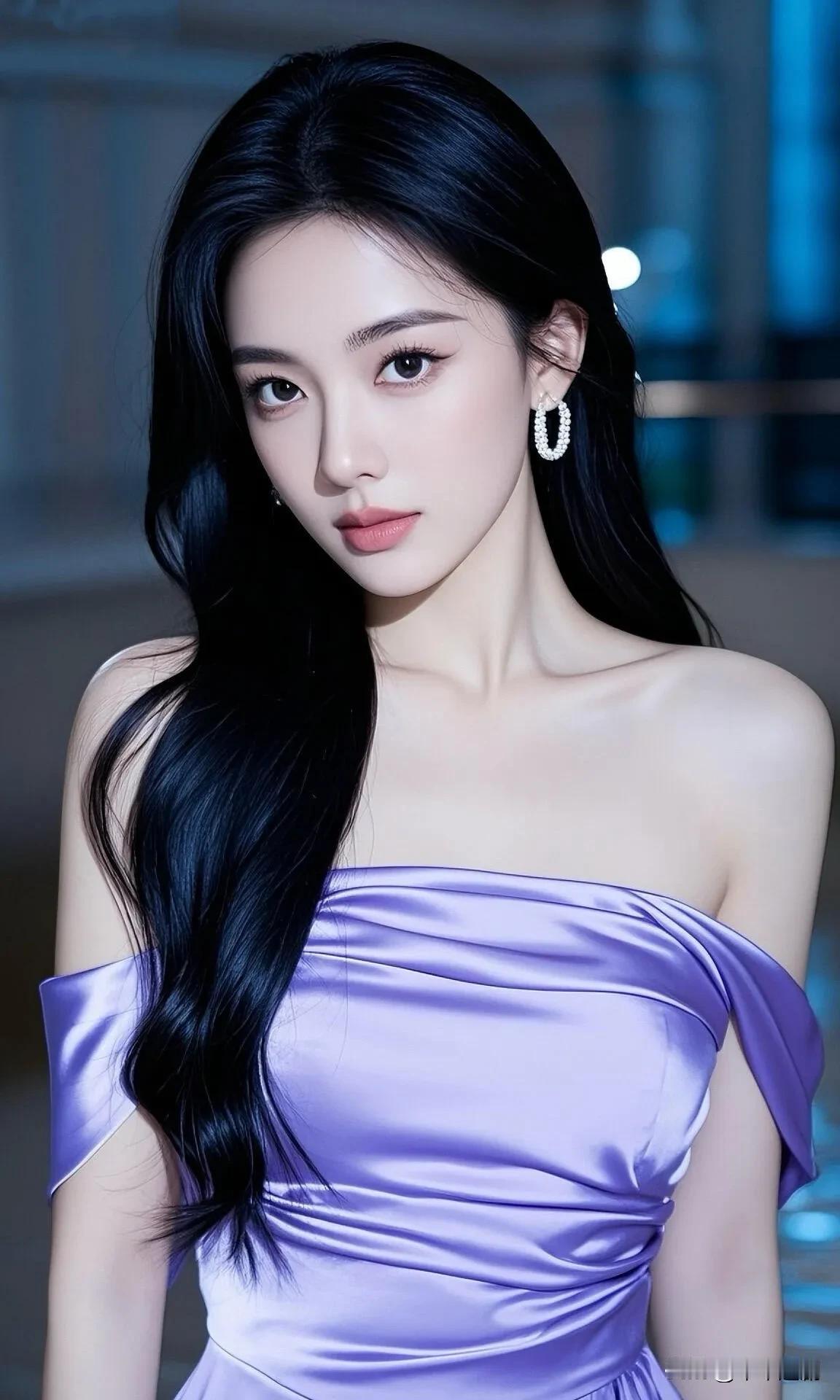  淡紫缎面抹胸礼裙衬着冷蓝光影，珍珠耳饰点缀揉出清冷又华贵的晚宴氛围感💜
紫色