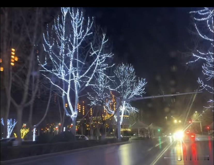 集卡领红包夜晚的街道，灯火阑珊，树影婆娑，浪漫如梦。