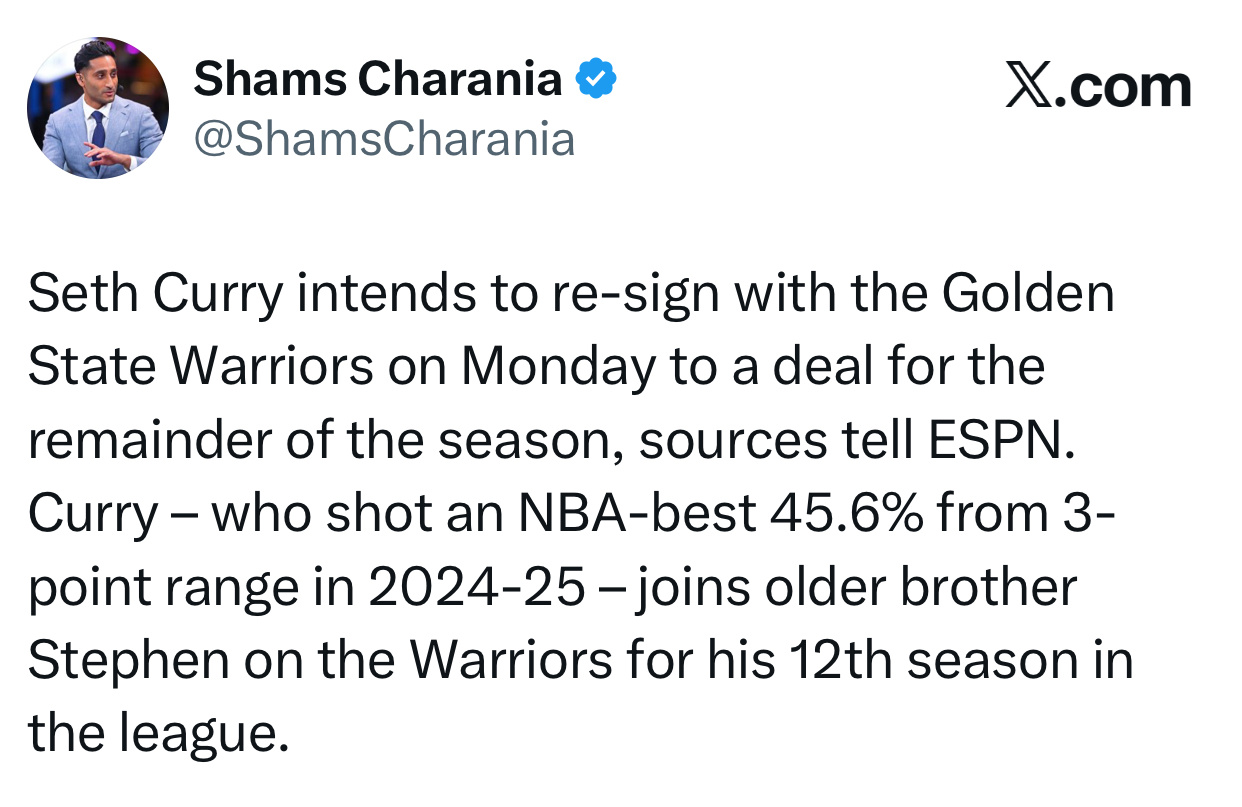 shams：据ESPN消息人士透露，塞思库里计划于周一与金州勇士队续约至本赛季结