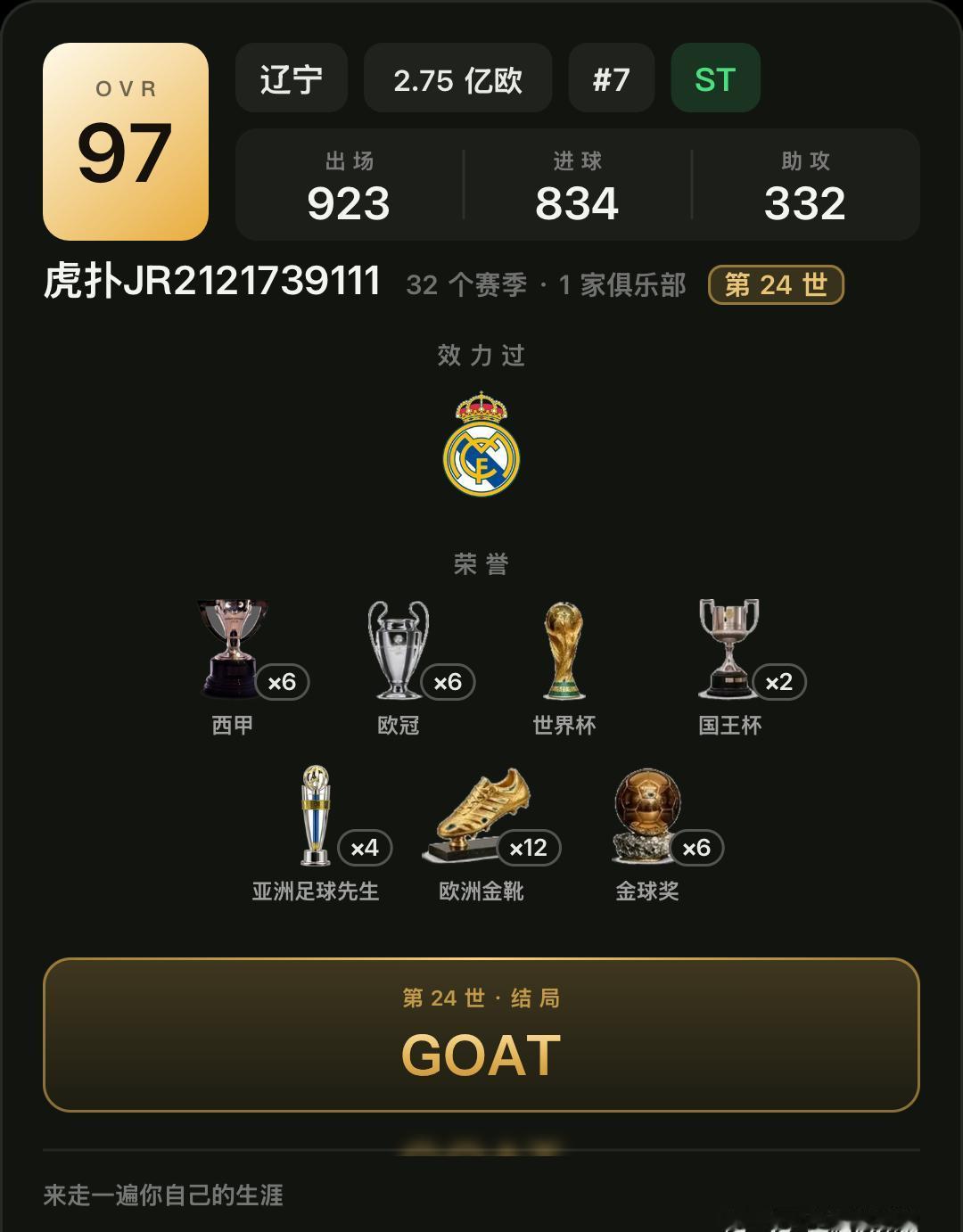 足一把-生涯模拟器 虎扑JR21217391的结局是【GOAT】
世界杯、金球、