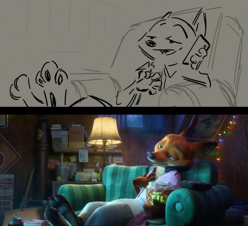 疯狂动物城2概念图中的尼克和朱迪 朱迪来到尼克家的故事板设计稿，很有趣的设定细节