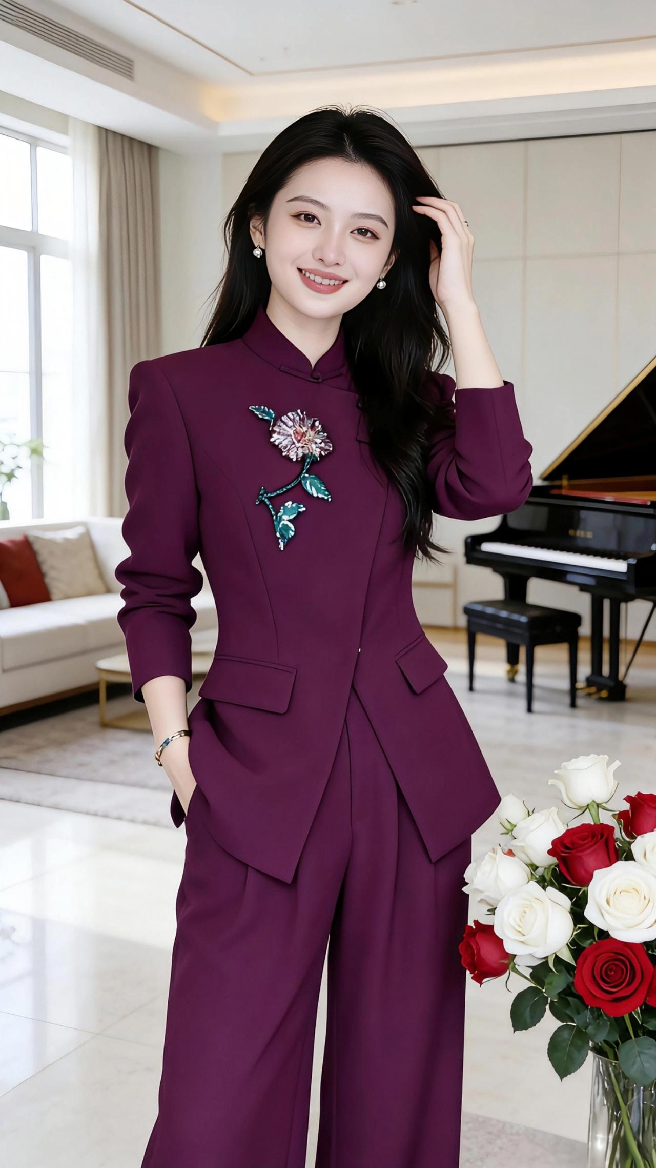 紫韵琴声
 
深紫的中式西装裹着一身雅致，立领盘扣揉着西式剪裁的利落，像把东方的