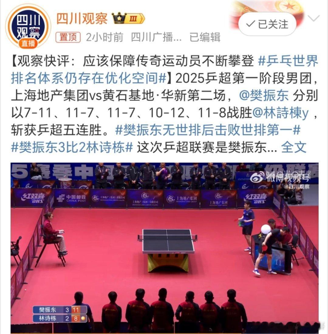 2025乒超联赛乒乓世界排名体系仍存在优化空间 现在整个体育行业都出现了大小不一