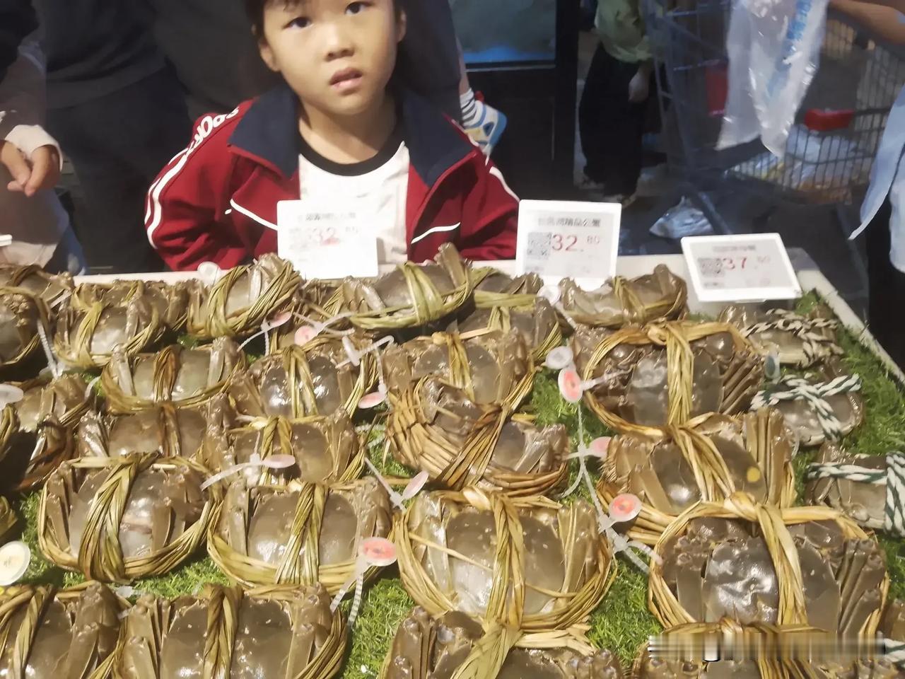 孩子的眼神：望蟹兴叹！
一个孩子站在超市的蟹摊前，看了标牌上的几种价格，复杂的眼