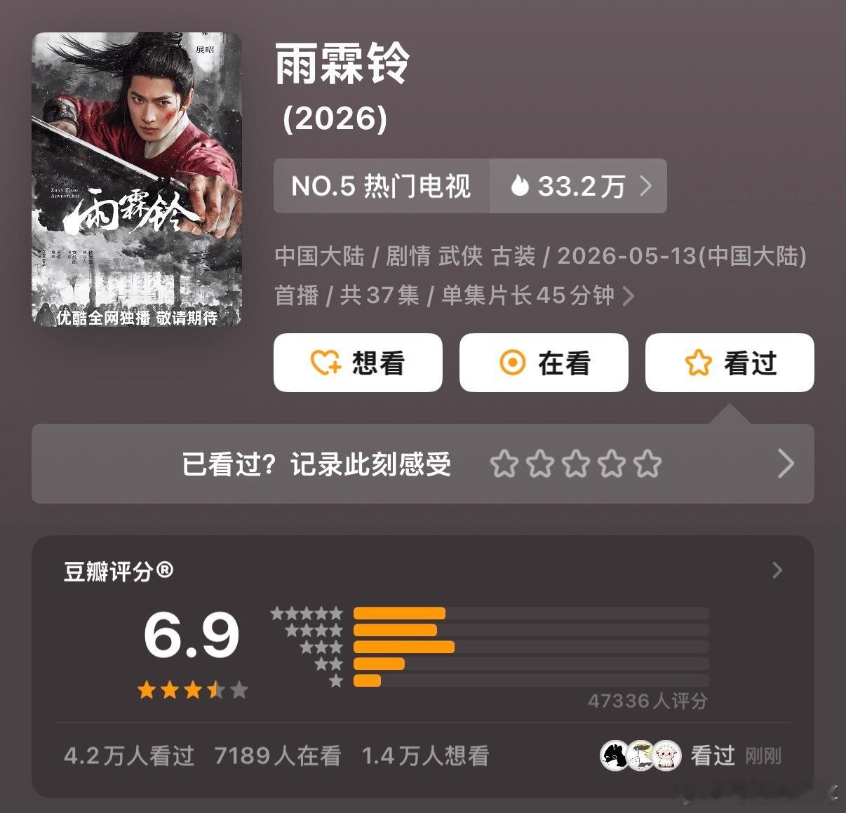 杨洋、章若楠、方逸伦《雨霖铃》豆瓣开分6.9 