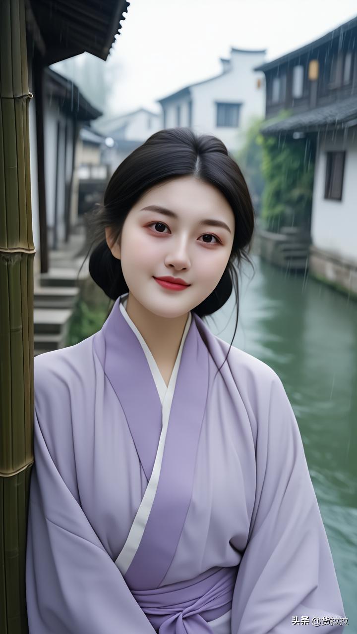 雨中少女倚竹立，古韵悠然入画来，江南美女！