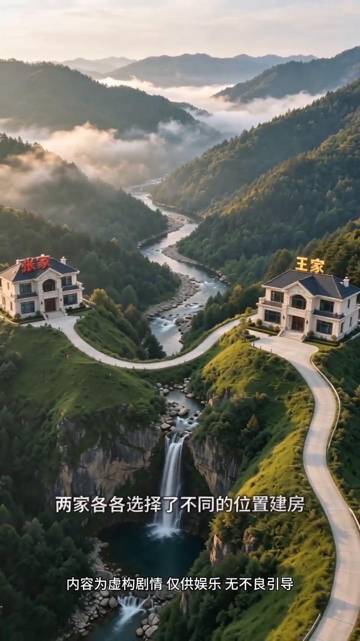 张家和王家你更喜欢谁家的房子？
张家和王家同住一个山谷中，一起出资修了通往下山的