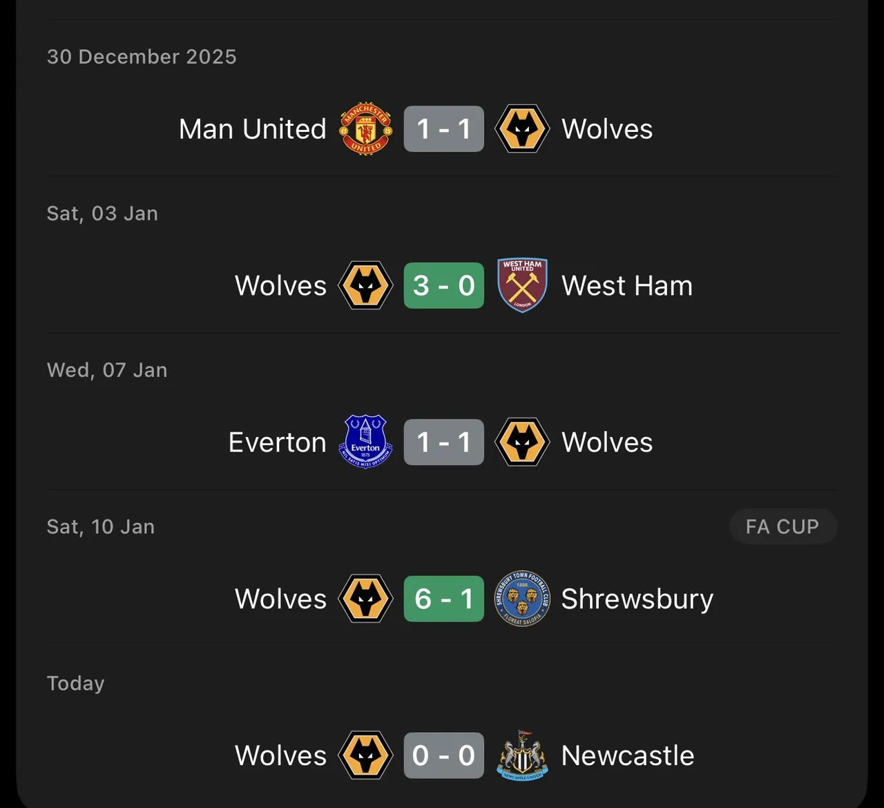 【状态来得有点晚】狼队近5场比赛的战绩🔥👇：1️⃣2025-12-30（英超