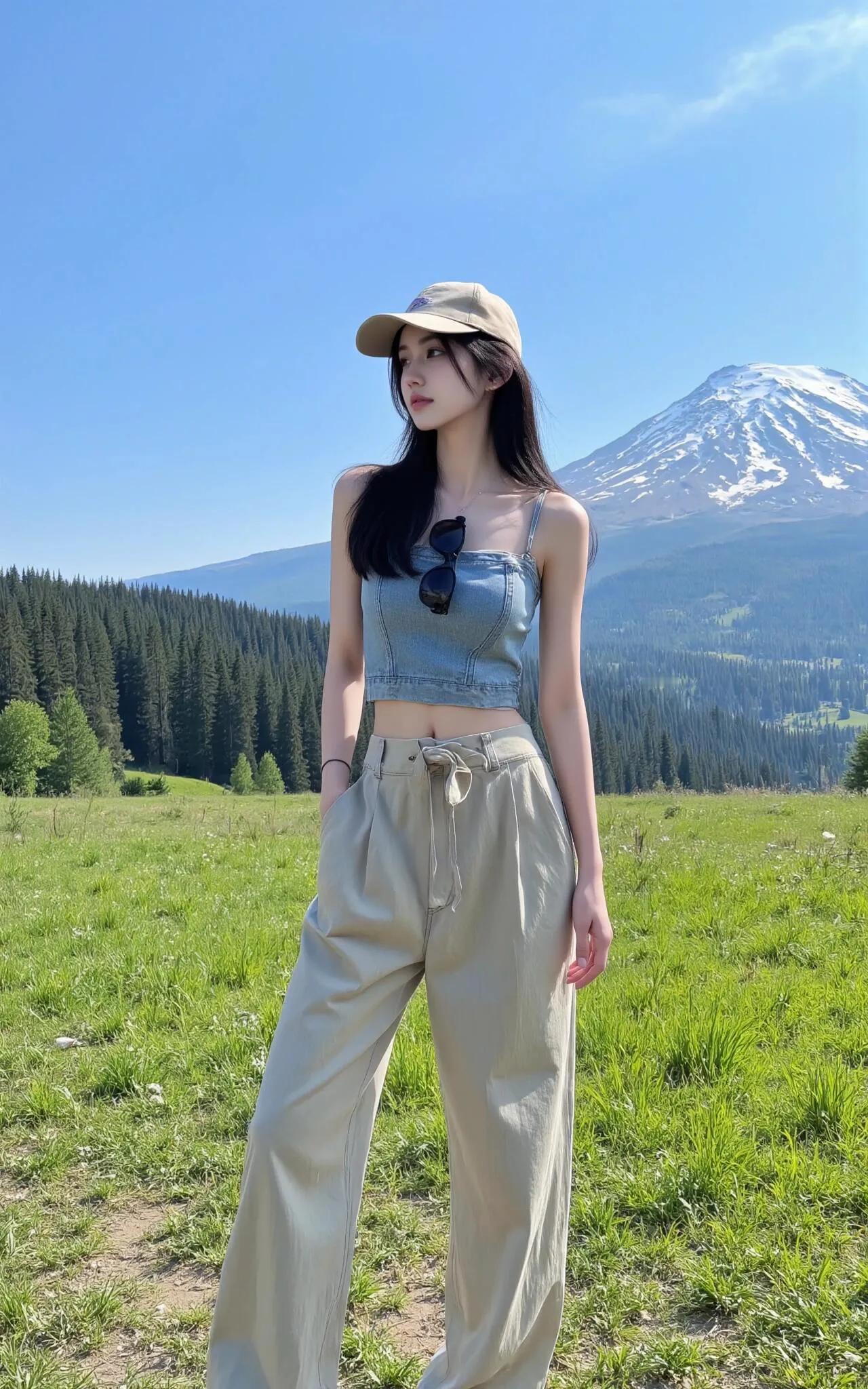 在雪山脚下清纯美女穿搭技巧邻家最美女孩 美好时光