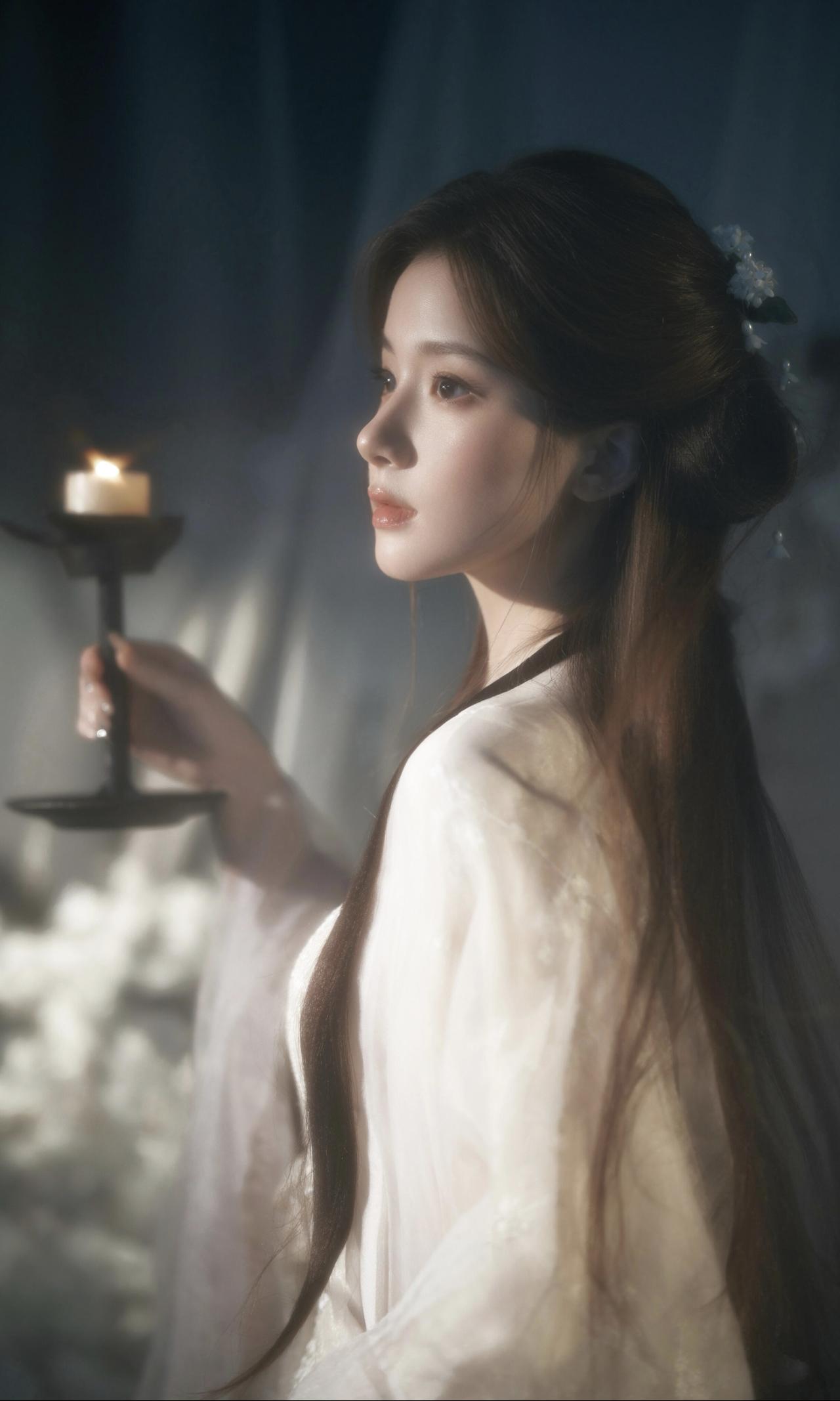 这组以纱幔与白花为核心元素的作品，将东方美学中的“含蓄”与“留白”发挥得淋漓尽致