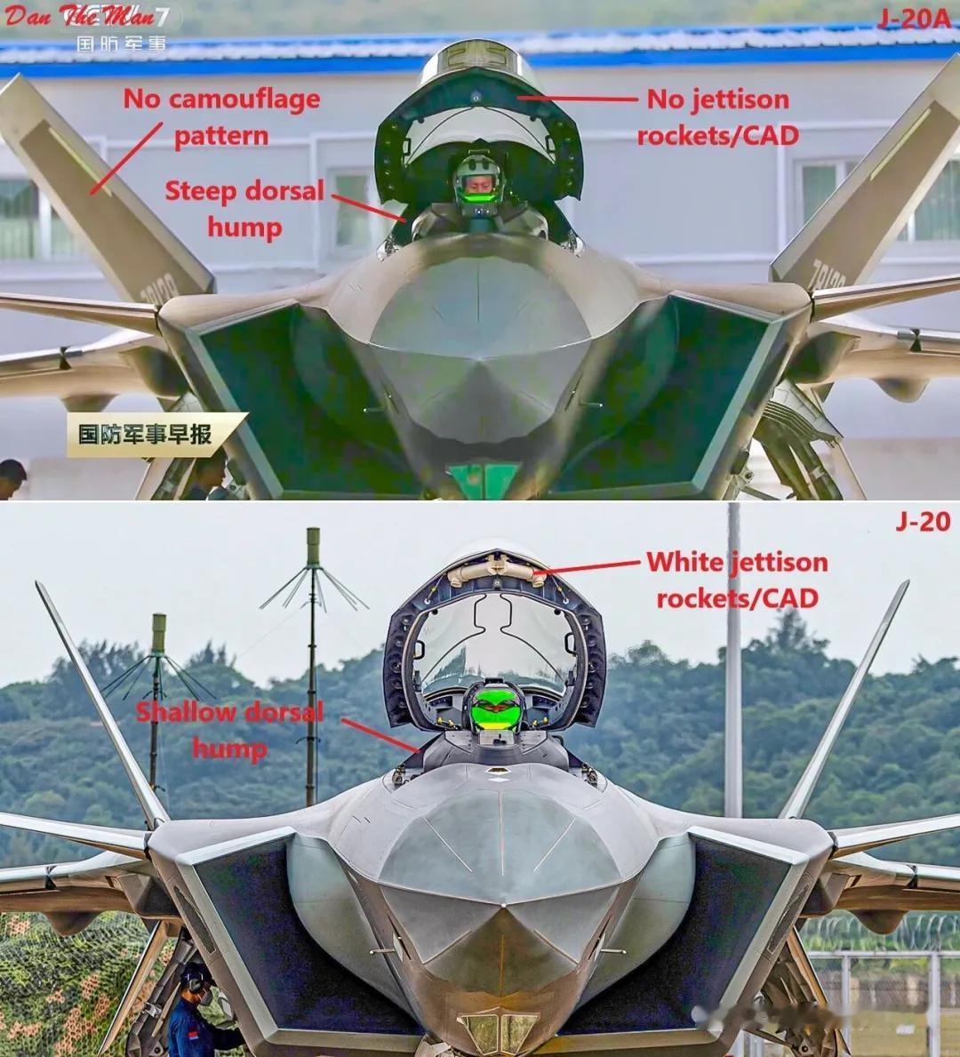 歼-20A和歼-20的对比，细节上有明显的不同！
上面的是歼-20A，外观涂层上