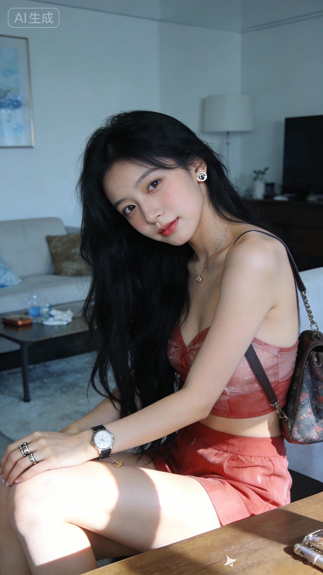 瓜子脸美女着浅红露肩装，黑长卷发，戴首饰手表，坐客厅桌前歪头浅笑，阳光洒腿微曝光