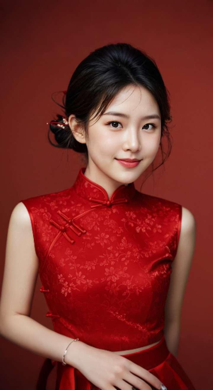 AI扩图 AI红裙浅笑