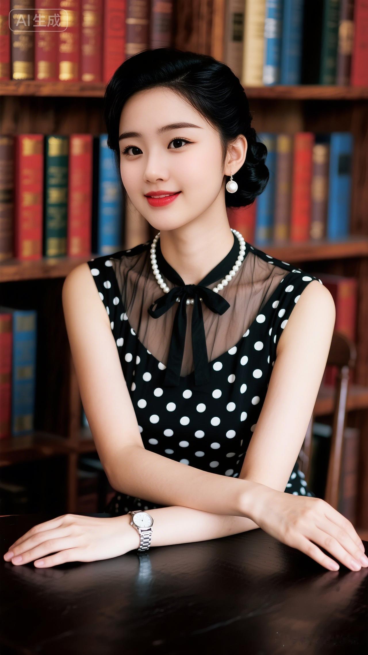 女子梳精致黑色盘发，佩戴珍珠耳饰与白珍珠项链，红唇明艳。身着黑底白点无袖裙，领口