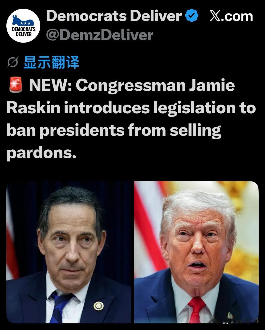 🚨 最新消息：国会议员杰米·拉斯金提出立法，禁止总统出售赦免令。