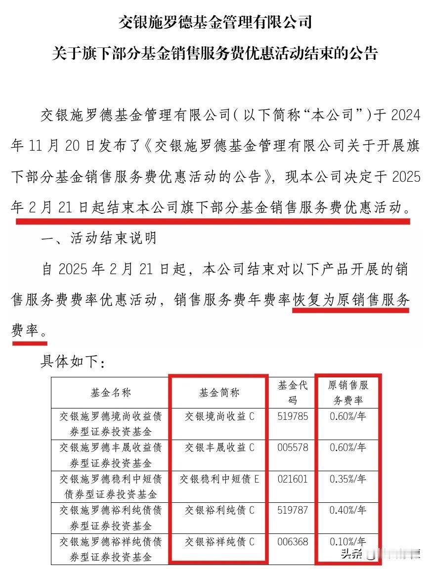 交银施罗德基金旗下5只基金的销售服务费率优惠已经结束，不看不知道，其中4只基金的