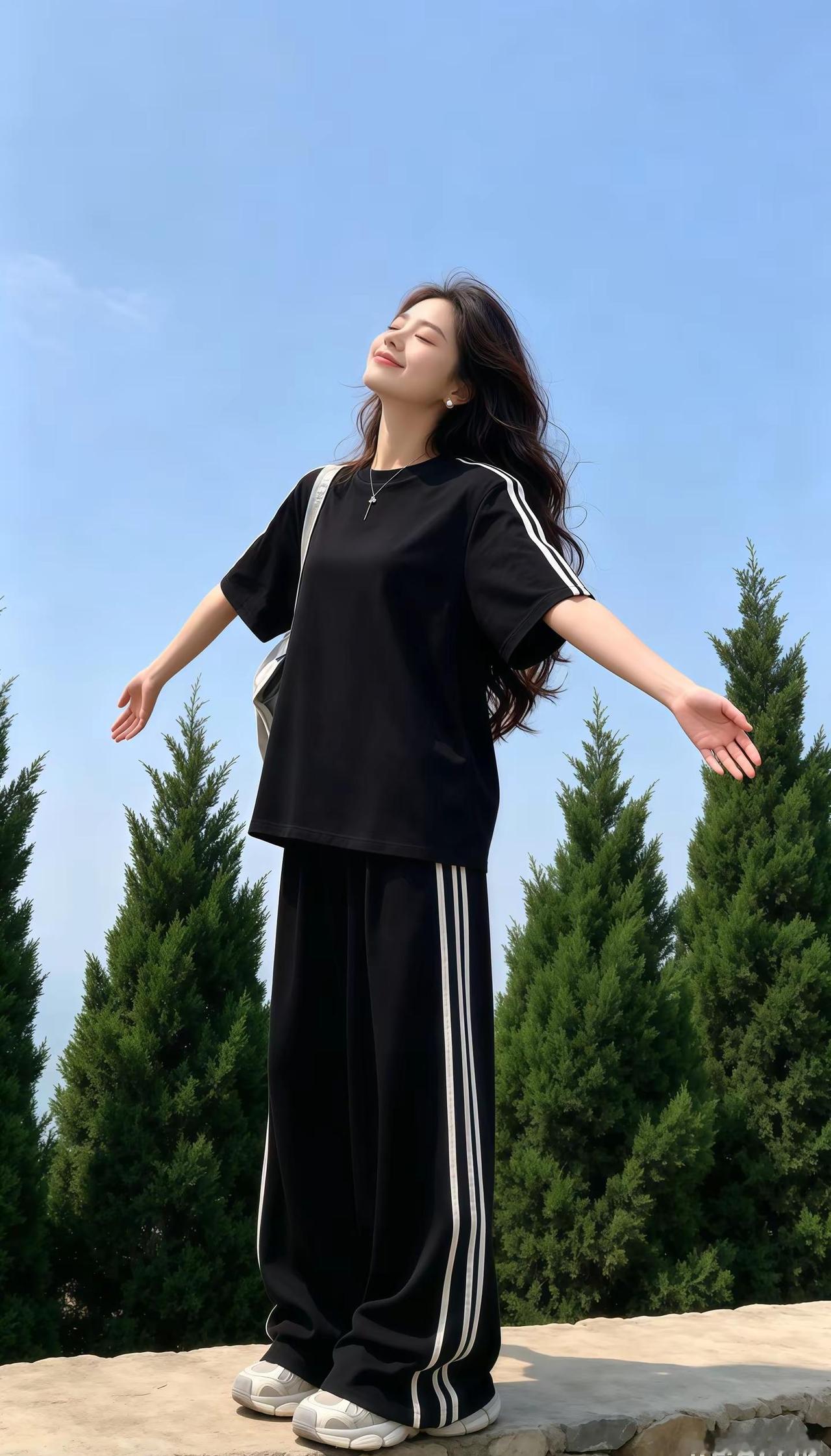 晚风穿过林间轻拂发丝，暖阳透过枝叶缓缓洒落。静立石阶放空身心，悠然拥抱清风与柔光