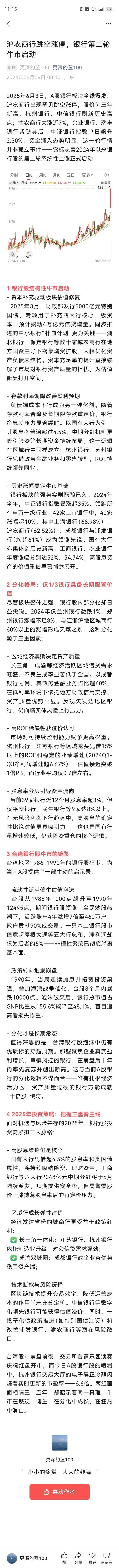 2025年6月3日，A股银行板块全线爆发。沪农商行出现罕见跳空涨停，股价创三年新