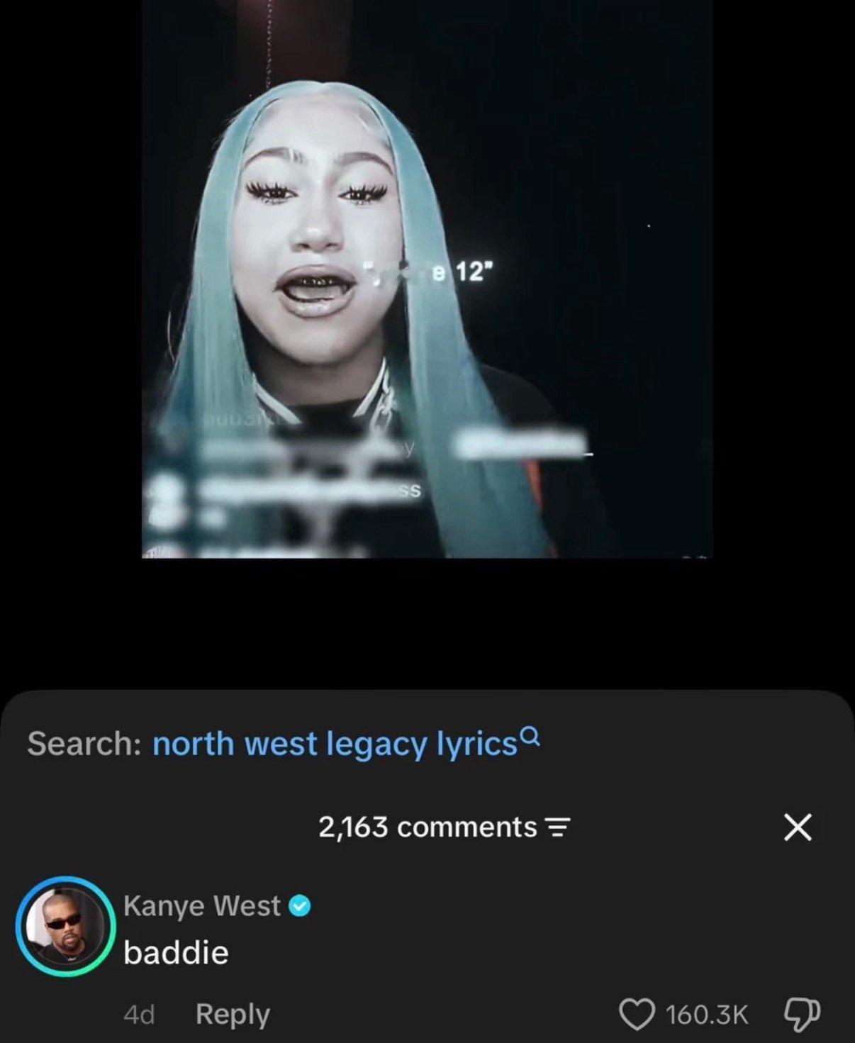 一个模仿 Ye 账号的人在 North West 相关的视频评论区留下“badd