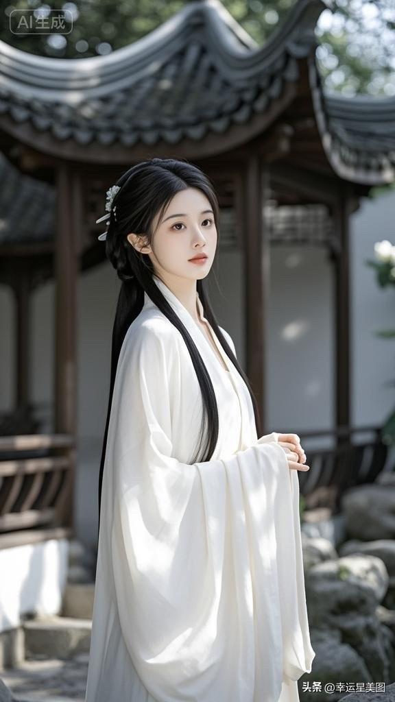 古风少女，黑发如瀑，白衣飘飘，宛如画中仙子。