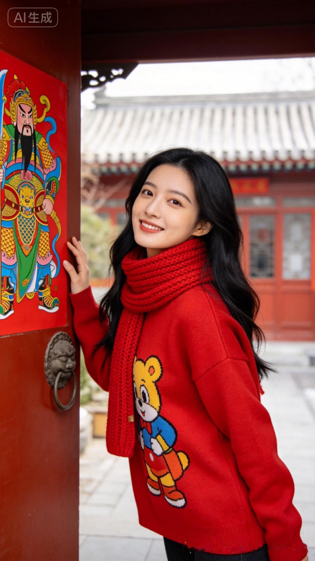 冬日暖阳下，红衣少女与传统门神相映成趣，笑靥如花。