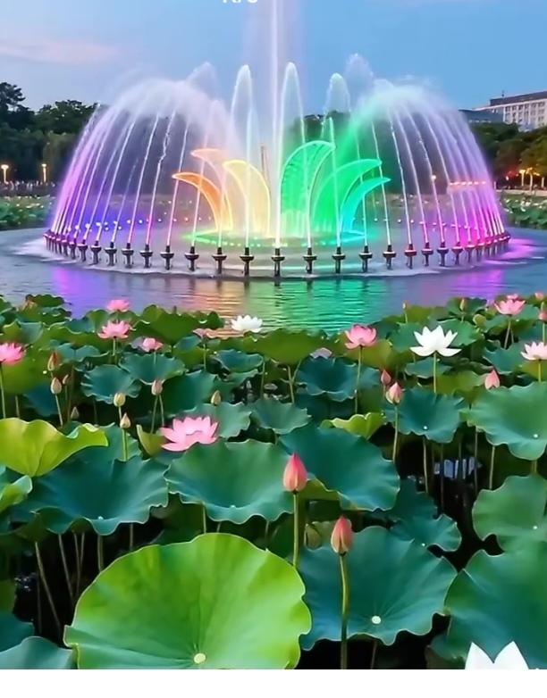 〔欣赏图片〕
图中画面真有趣；
公园一角最靓丽；
荷花池中荷花开；
夏季喷泉真凉