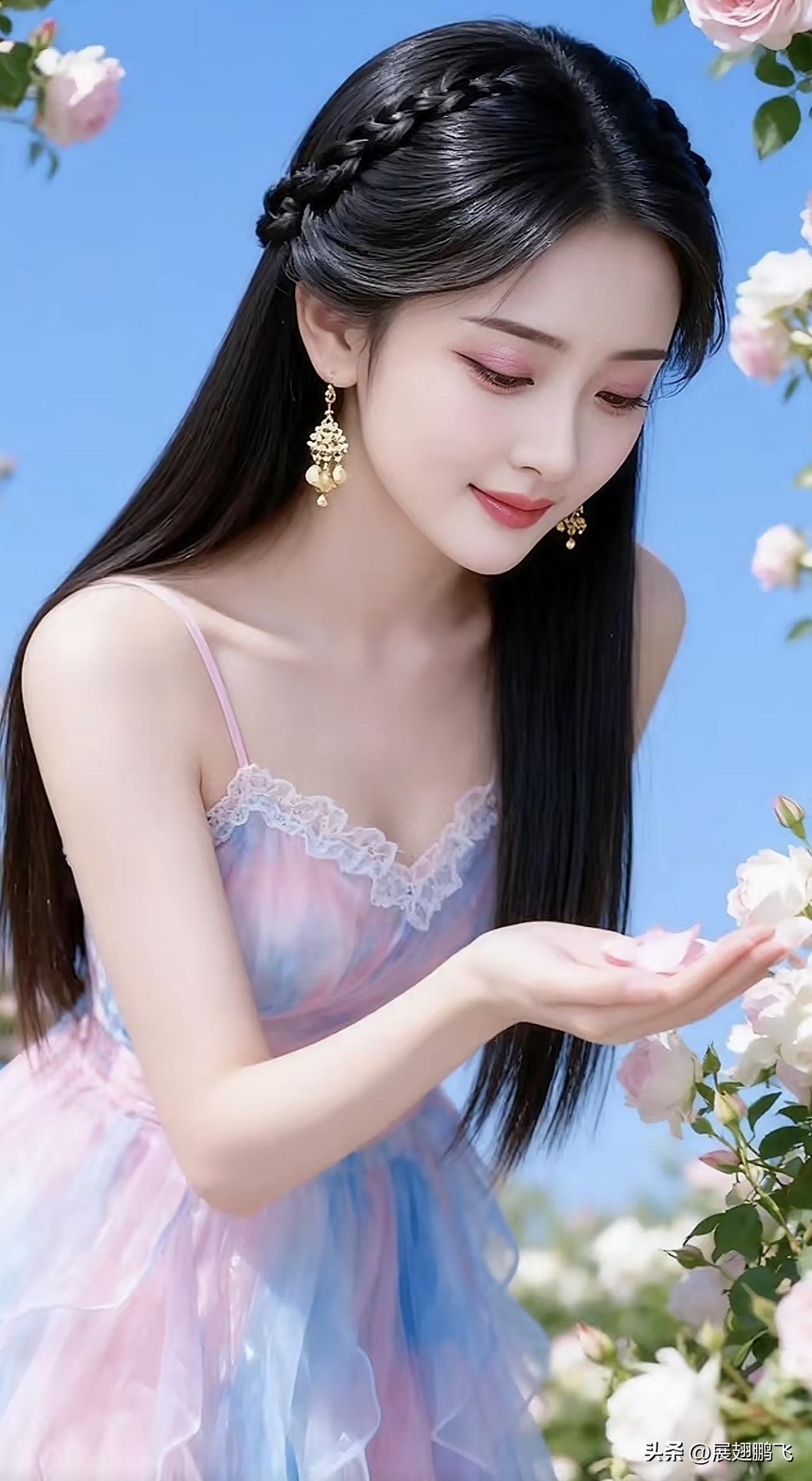 梦幻花海中的温柔少女，轻盈裙摆随风飘扬。花海少女感 紫色花海少女 花海少女照 紫