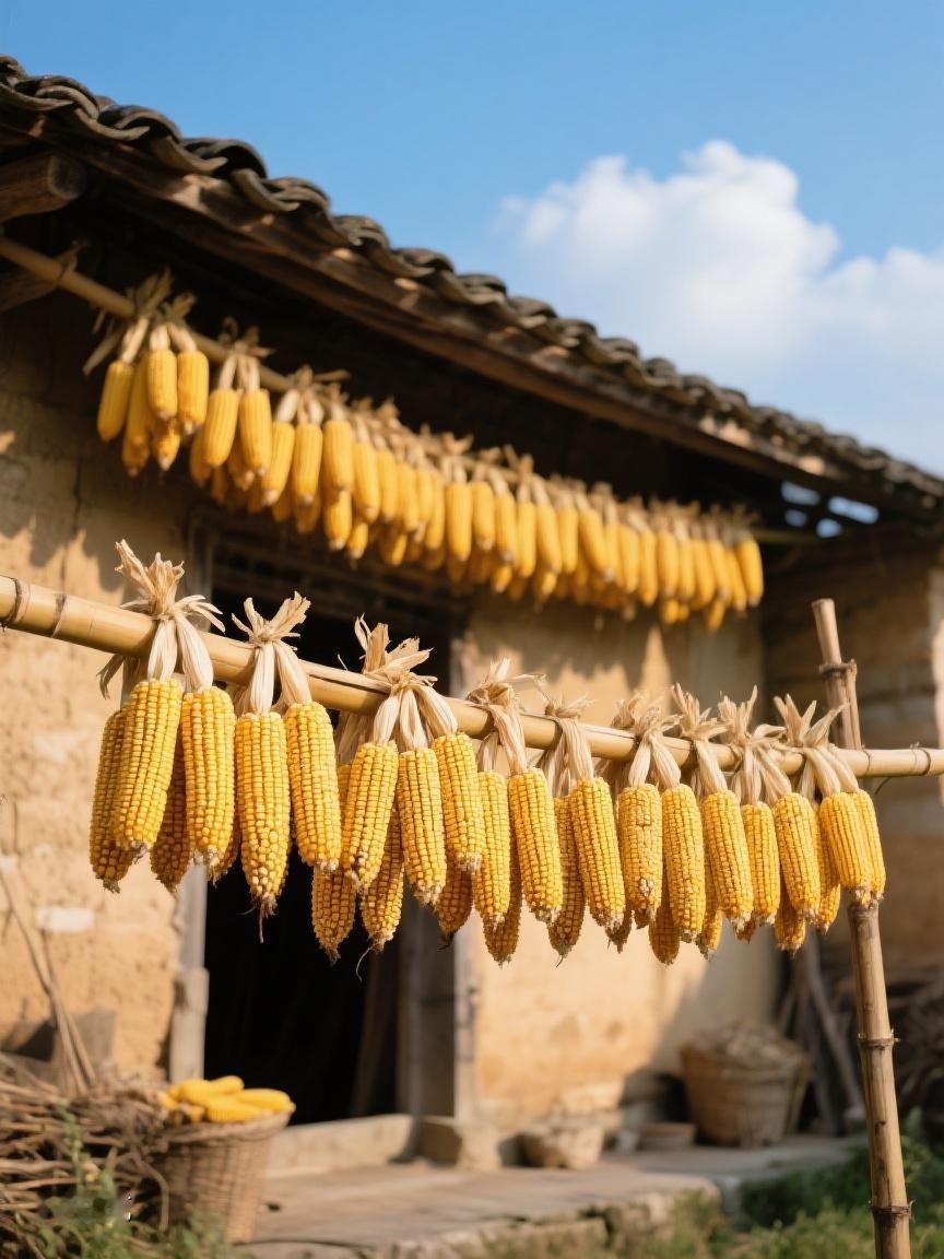 AI妙生图老屋里，金黄玉米串起时光。平凡日子里，藏着岁月的馈赠与安稳。