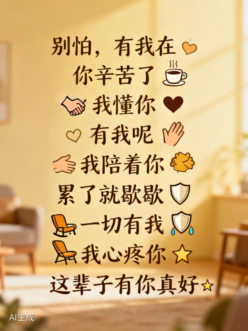 夫妻之间最暖心的九句话

1. 别怕，有我在
2. 你辛苦了
3. 我懂你
4.