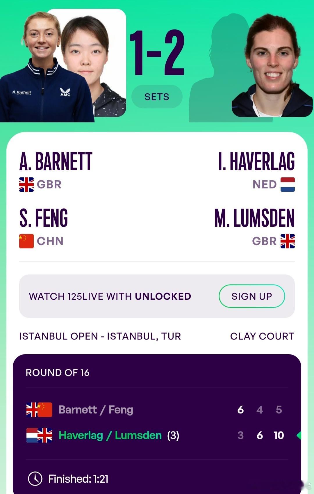 WTA125伊斯坦布尔站🇹🇷女双第1轮丰硕🇨🇳/巴尼特🇬🇧6-3/4