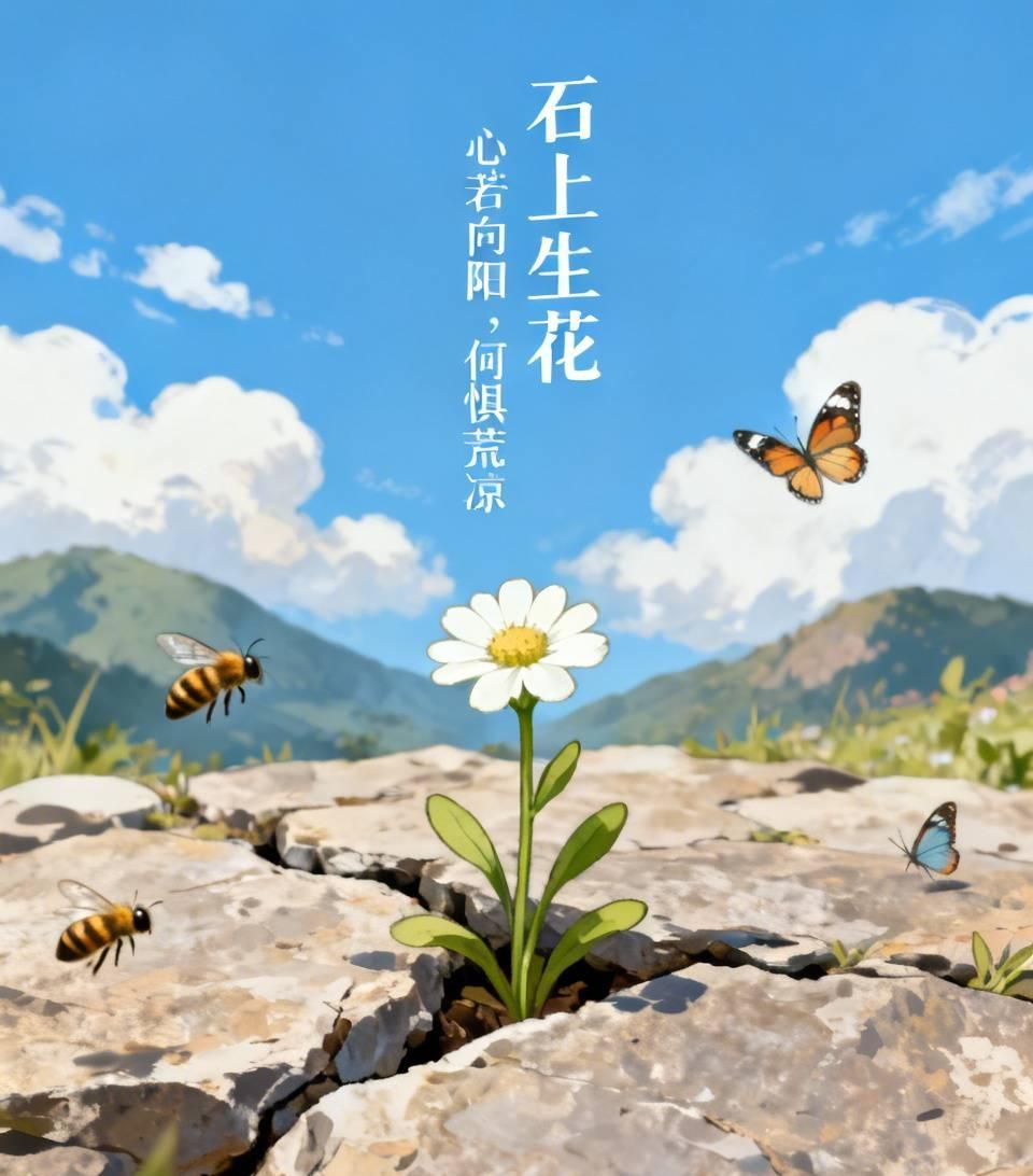《石上生花》

山崖石缝，一粒种子被风雨击打，几欲凋零。它不怨环境恶劣，只默默扎