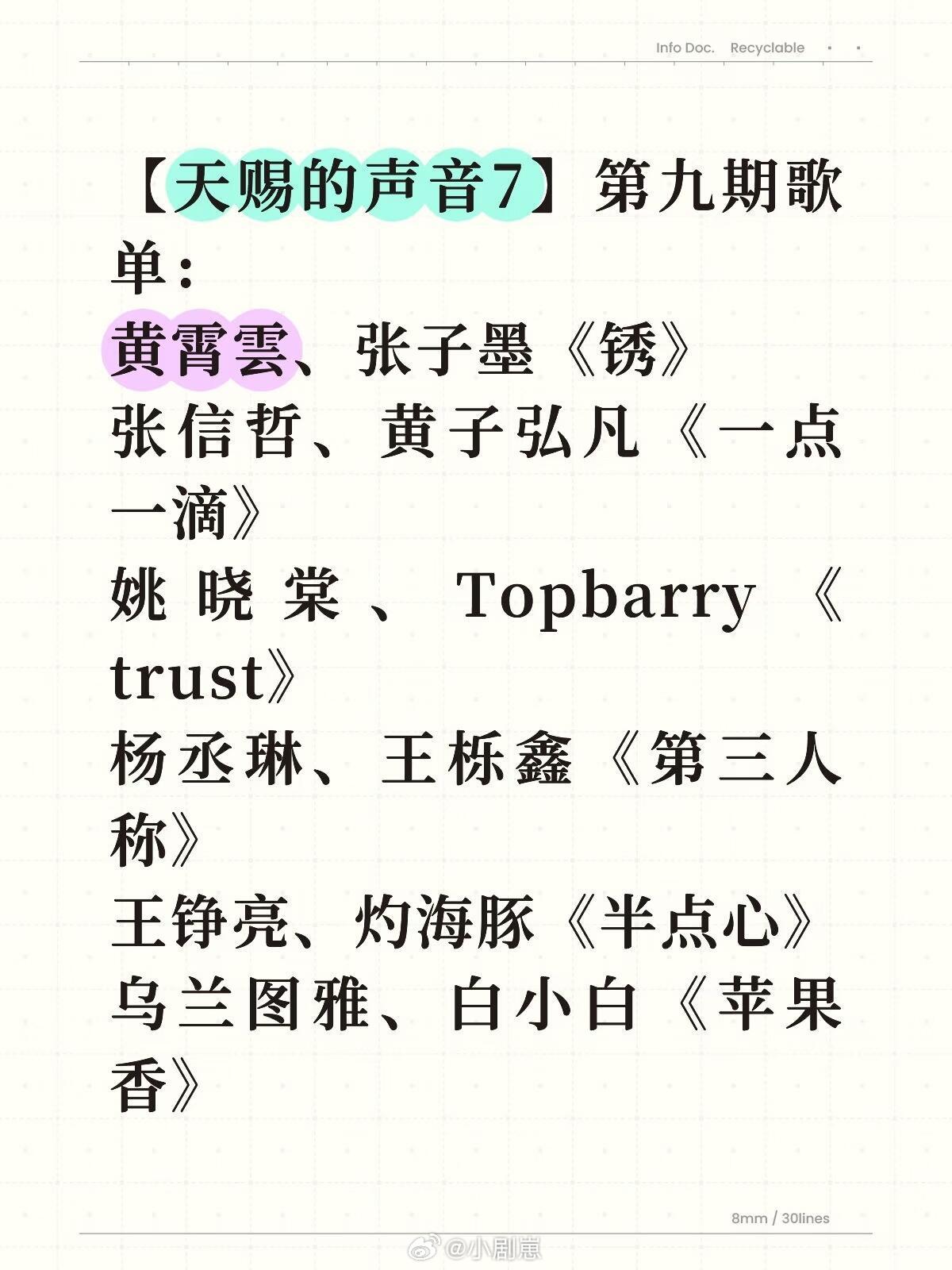 天赐的声音【天赐的声音7】第九期歌单(完整版)天赐的声音7第九期歌单：黄霄雲、张