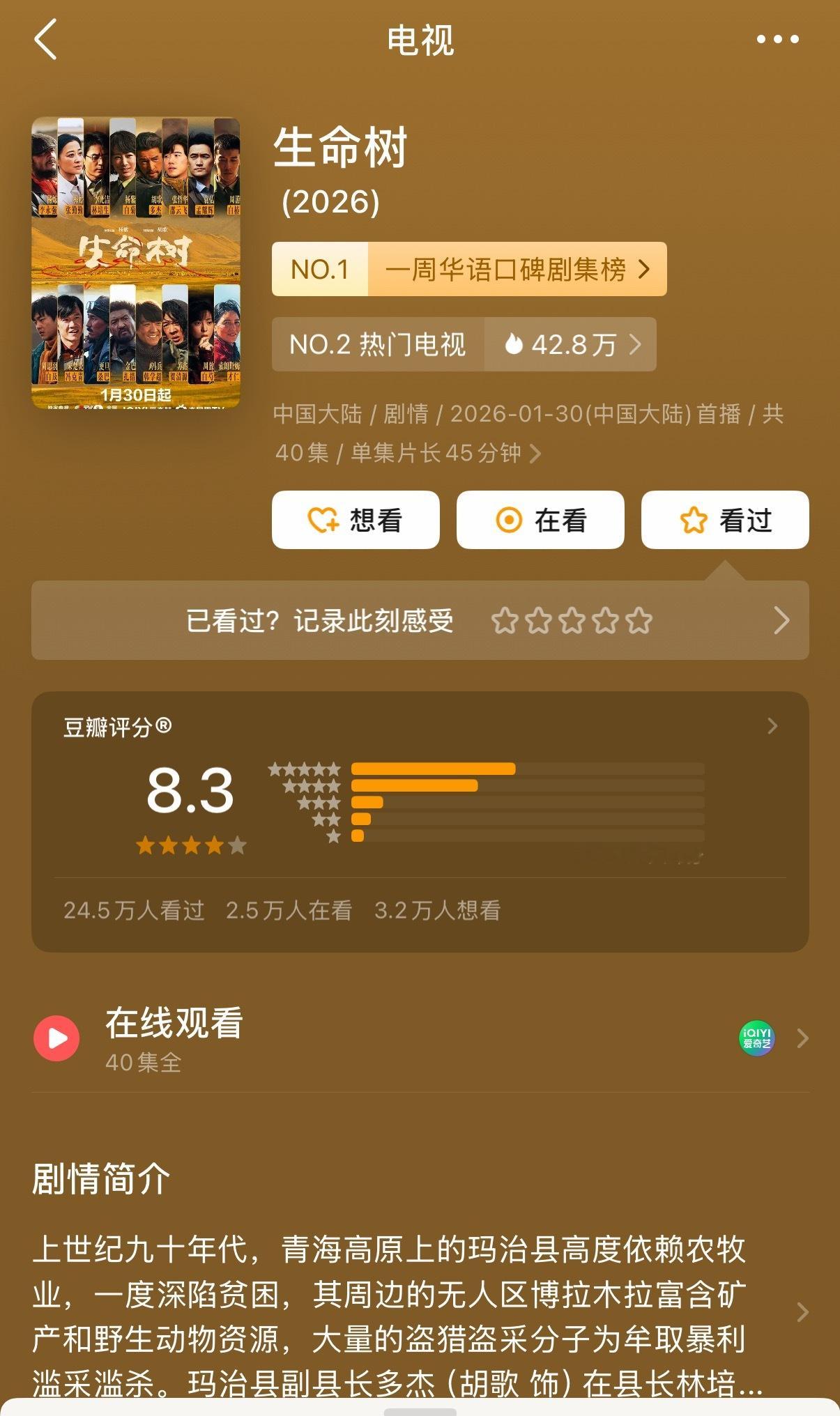 杨紫生命树豆瓣8.1升至8.3 
