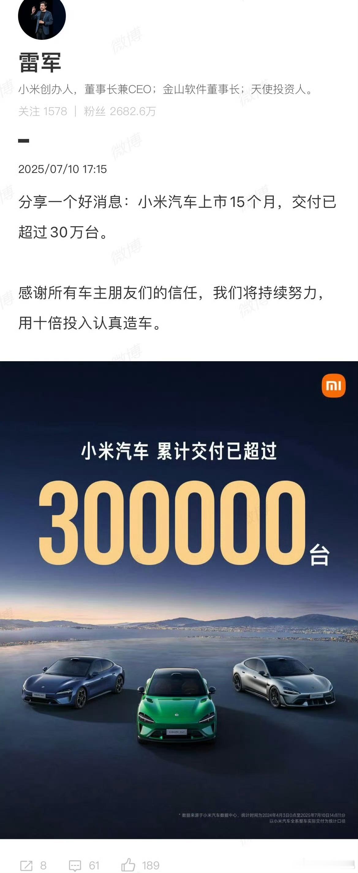 雷军回应小米汽车上市15个月交付超30万台上市15个月交付超30万台，可怕的是还