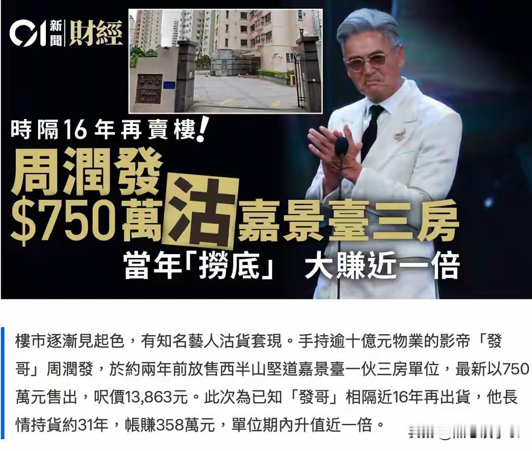 周润发时隔16年再卖房，最近将持31年的香港嘉景台三房，从挂牌899万港元降至7