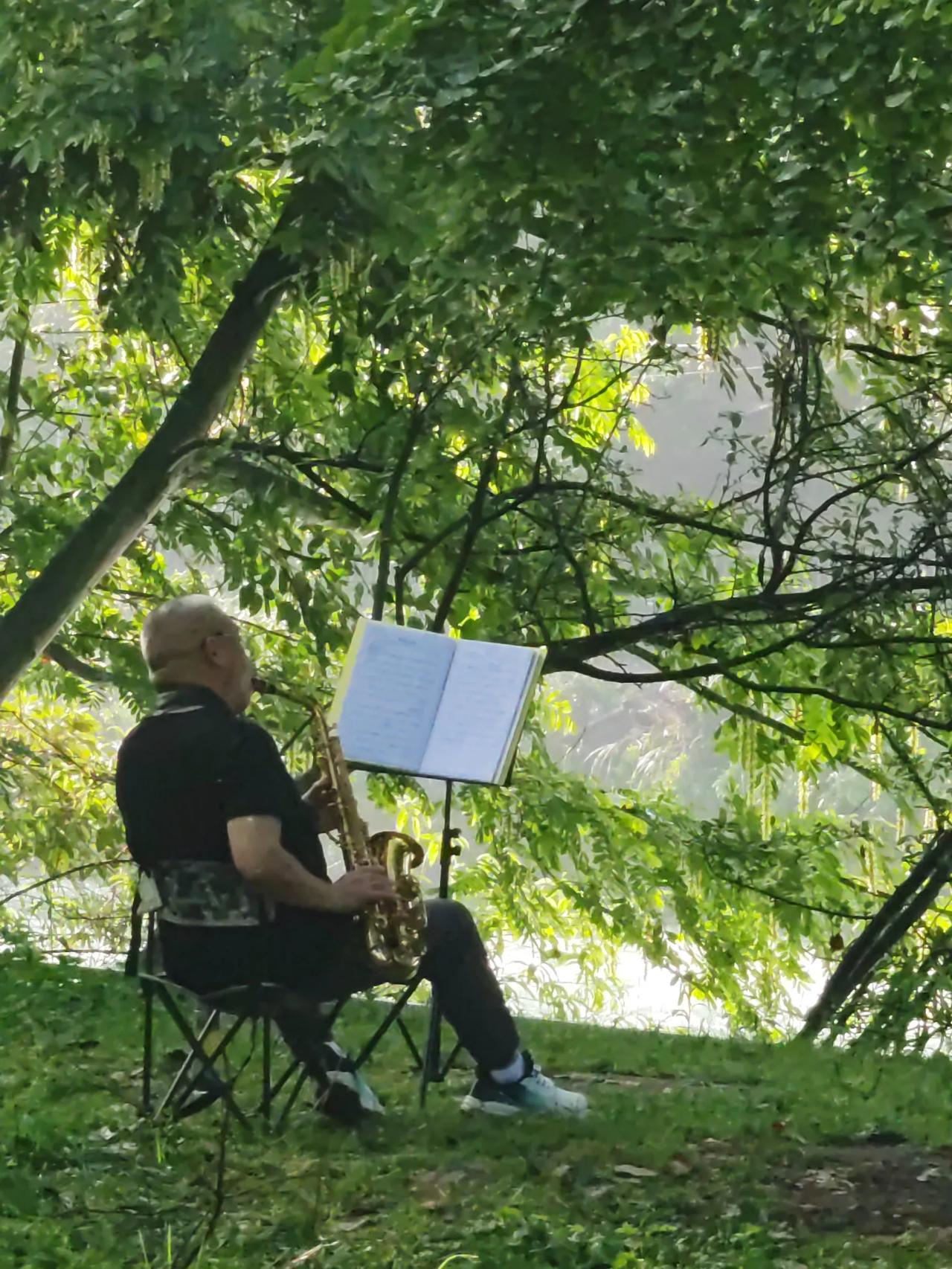 晨风送双夏日爽，
酷爱管乐悠扬曲。
独自享受生活美，
我爱山河爱家乡。