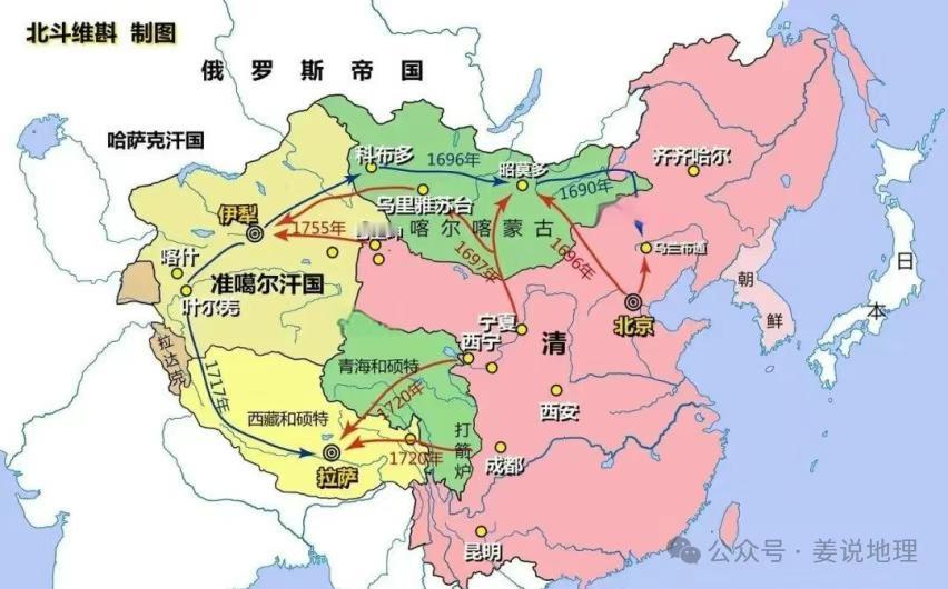 清朝是怎么收复蒙古、新疆、青海、西藏等区域的。
一切都是天意使然，清之西域较明之