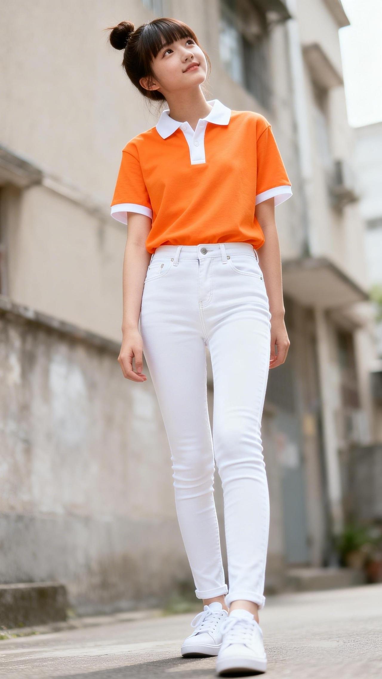 元气少女穿搭指南：橙色T恤+白色牛仔裤，清新又时尚！🌞👗👖女孩子如何提升自