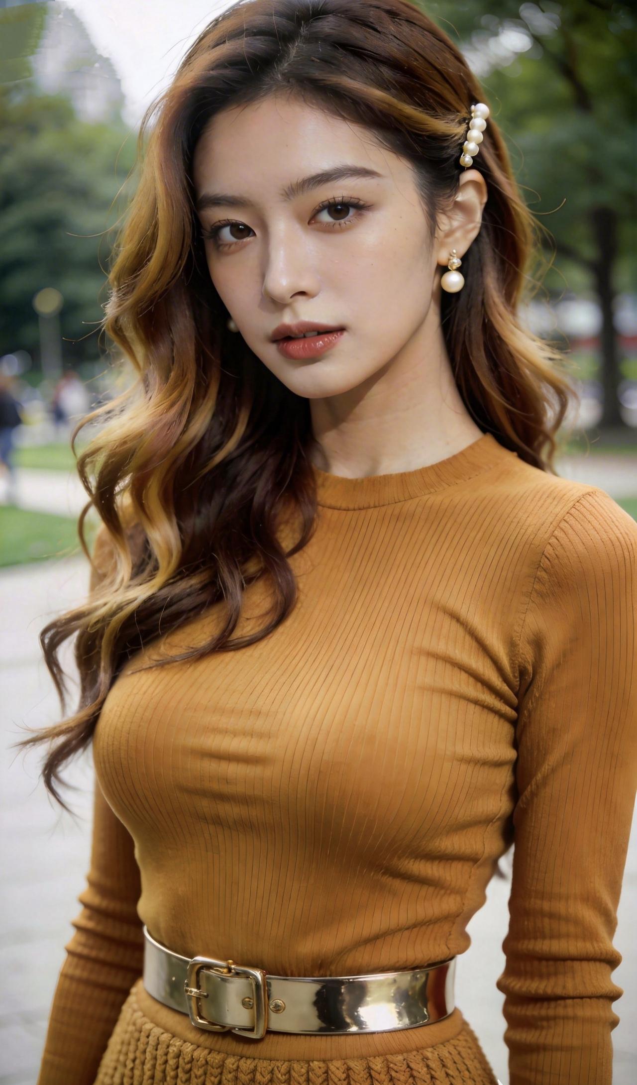 《焦糖色的午后》
 
风把发梢卷成温柔的浪，
焦糖色针织衫裹着暖阳。
金属腰带锁