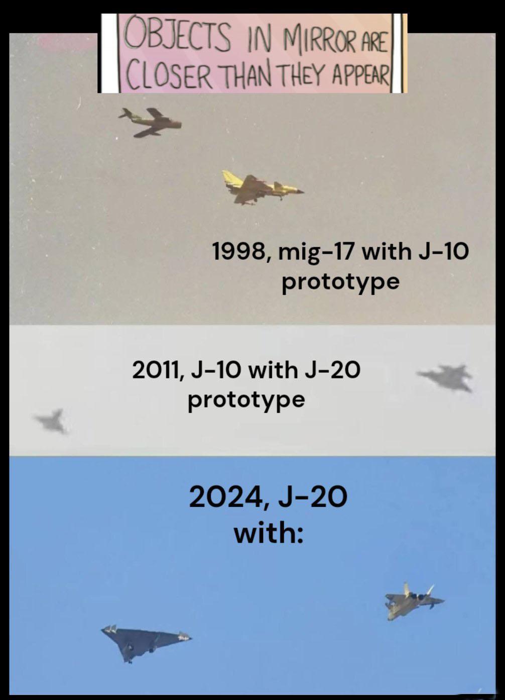 1998年，歼-5伴飞歼-10原型机； 2011年，歼-10伴飞歼-20原型机；