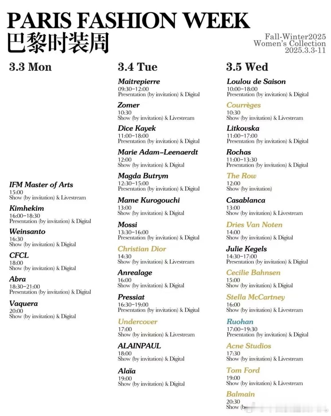 2025巴黎时装周3.3～3.11出席明星：3.4 Dior：Orm、邝玲玲、J