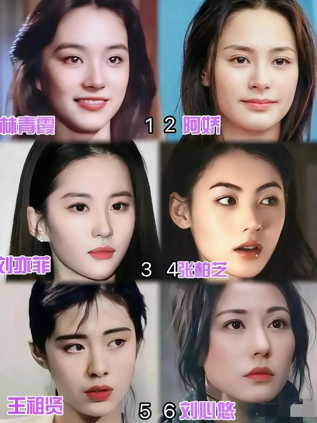 六大美女，美貌颜值排序：
张柏芝第一
阿娇第二
刘亦菲第三
林青霞第三
刘心悠第