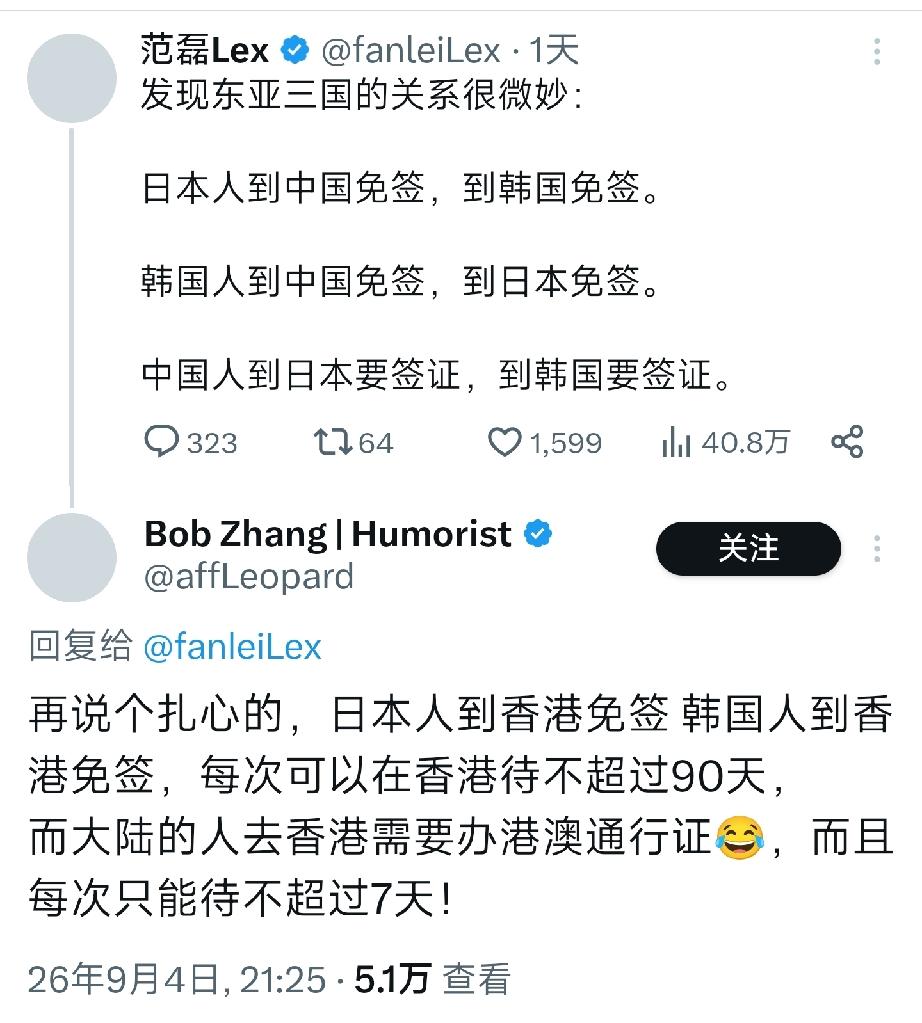 发现东亚三国的关系很微妙：

日本人到中国免签，到韩国免签。

韩国人到中国免签