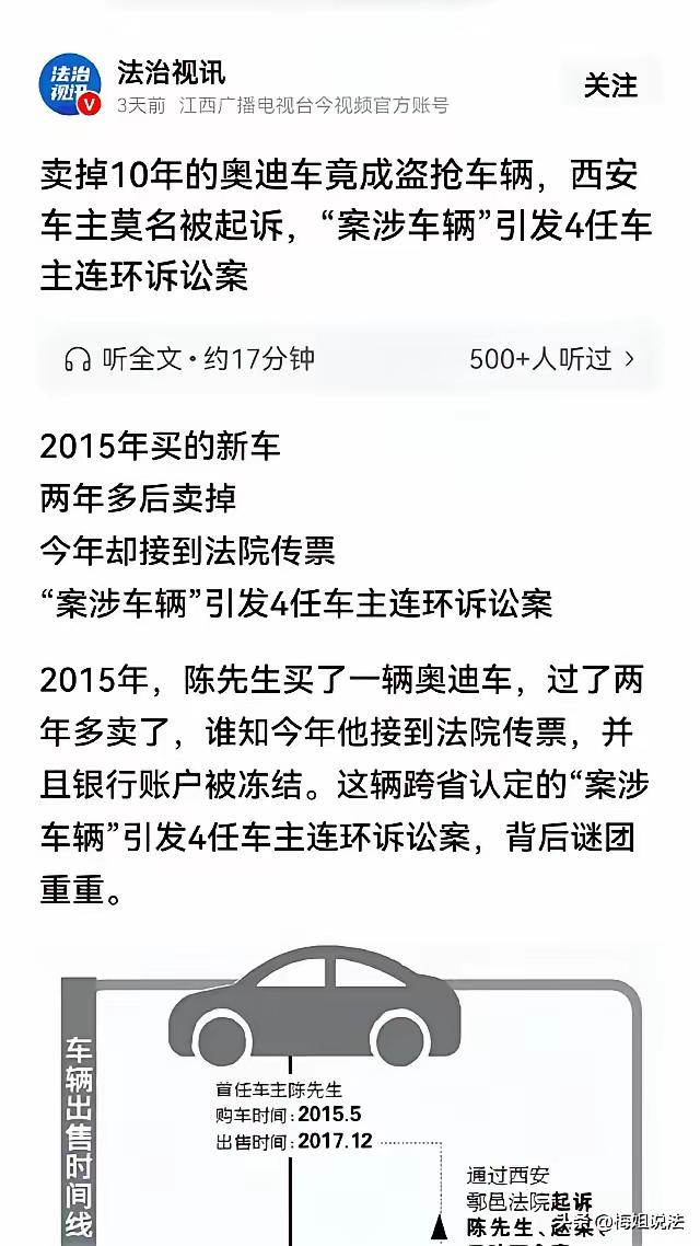 西安车主11年前买新车，11年后成“盗车案”被告：账户冻结，百口莫辩
 
西安的