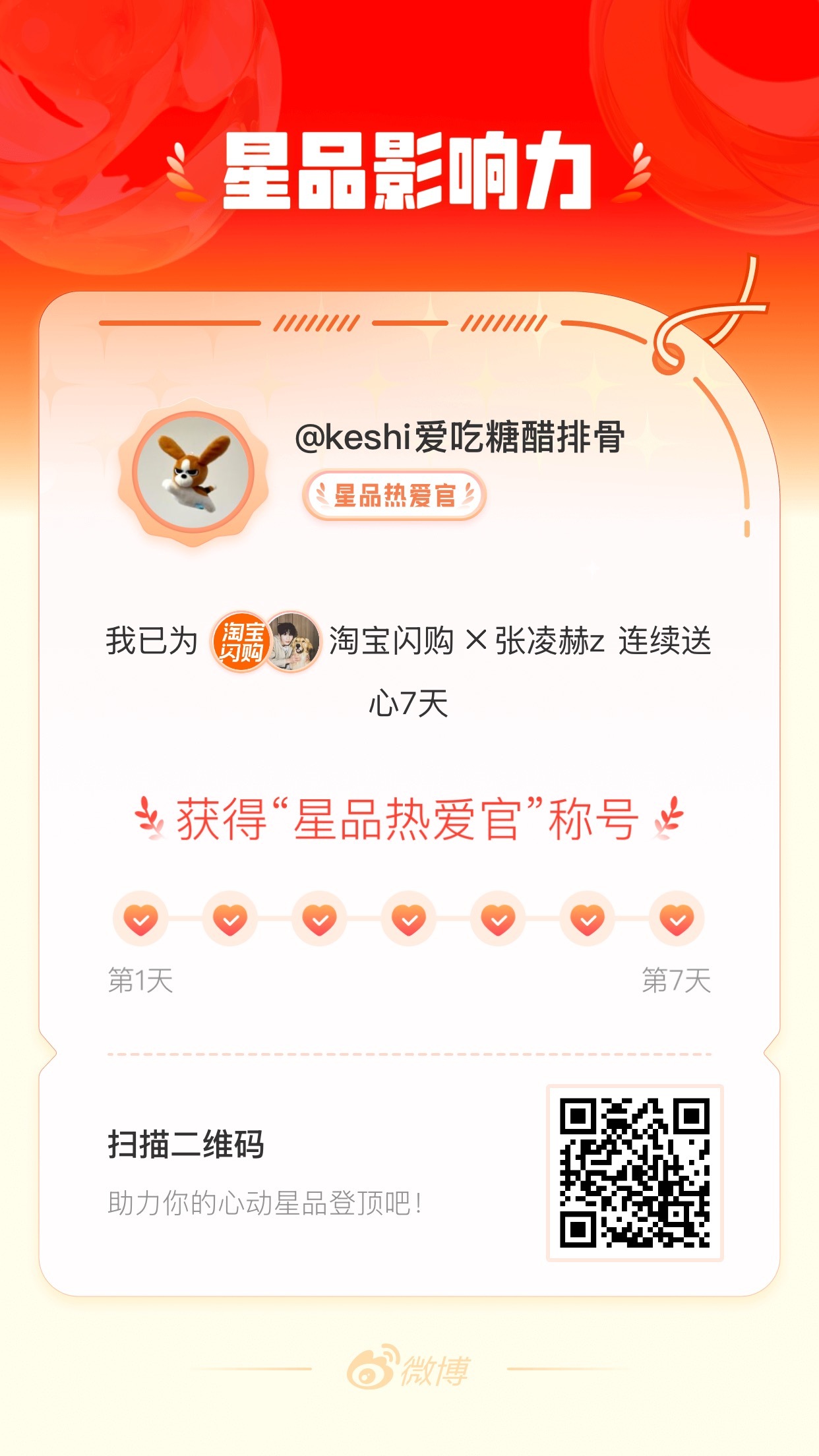我在星品影响力上为 X 连续送心7天，获得“星品热爱官”称号！快来一起pick你