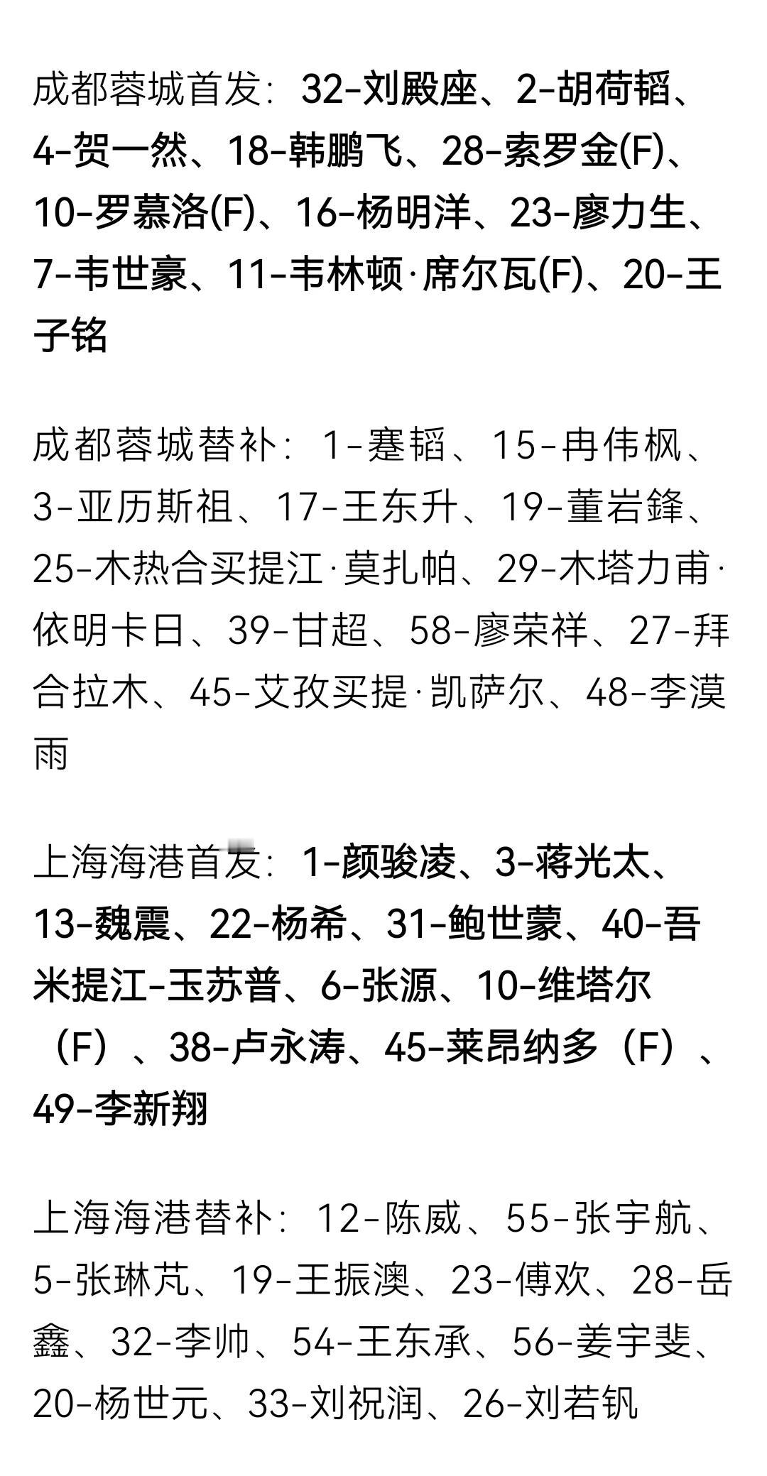 中超第13轮，成都蓉城对阵上海海港首发替补名单。
蓉城3外援首发对阵上海海港2外