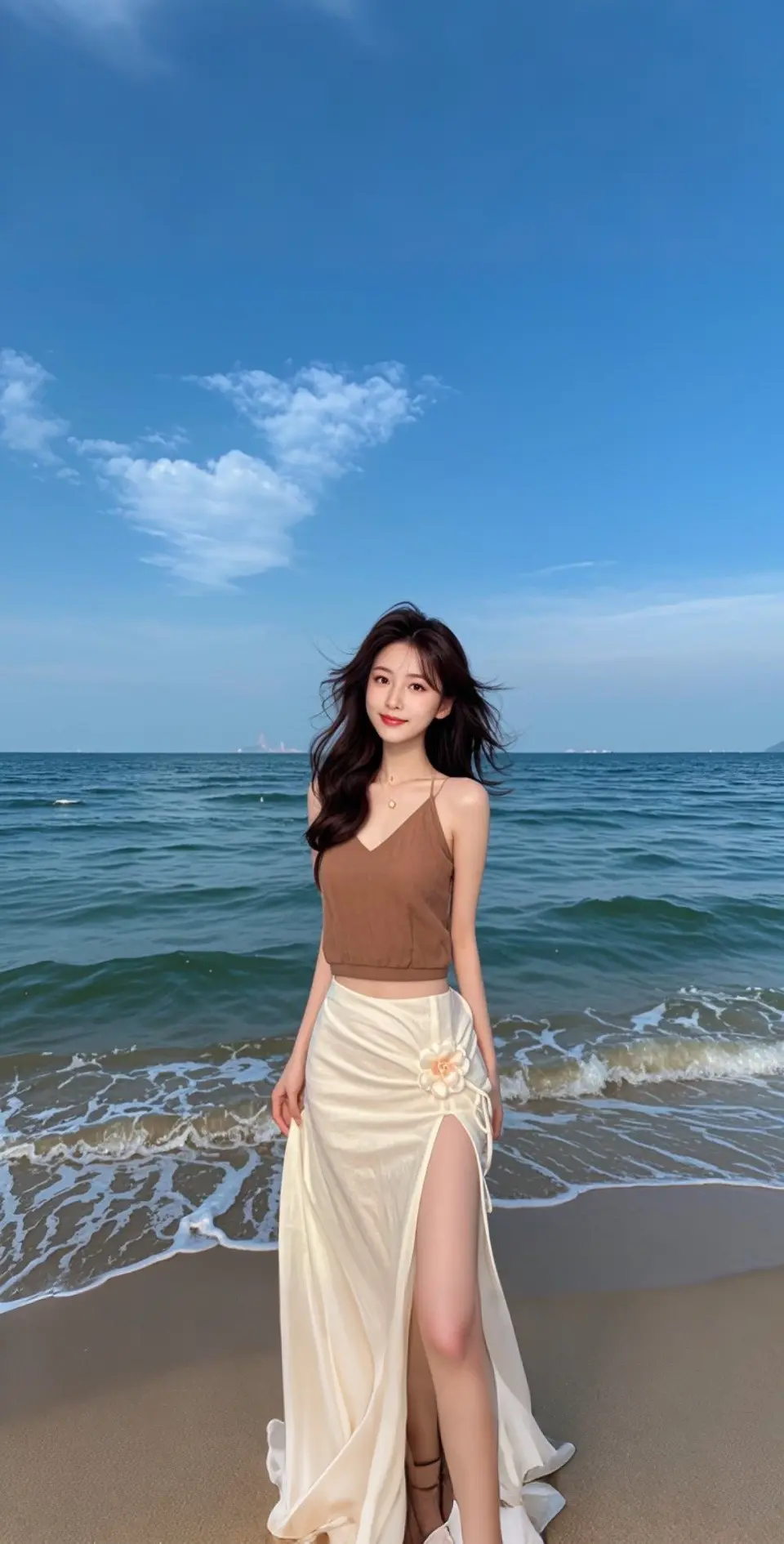 AI扩图 AI海边白纱少女