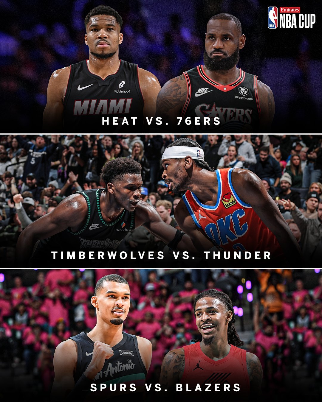 ESPN发布图片，NBA官方转发：感恩节（北京时间11月26日）的三场比赛同时也